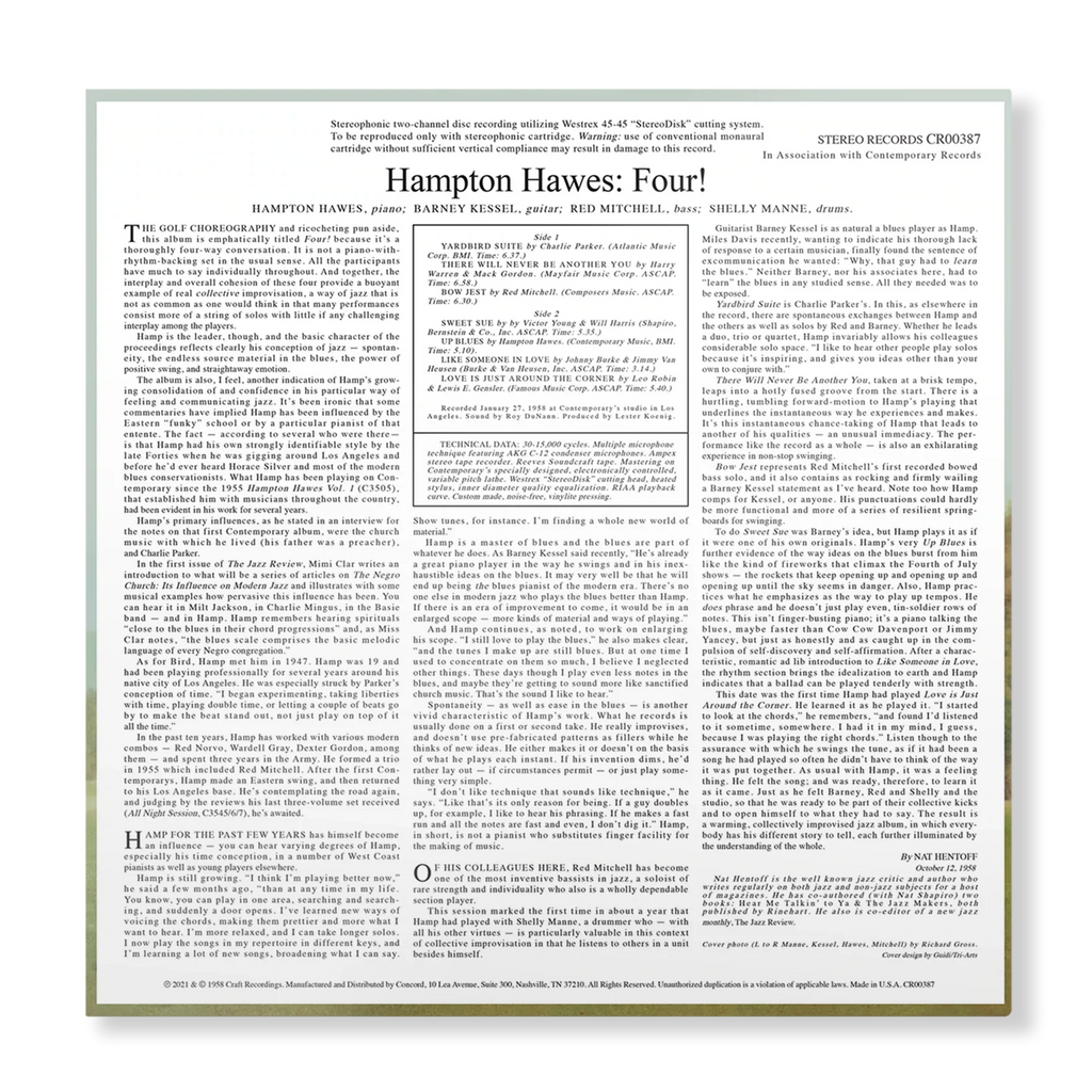 Hampton Hawes - Four! With Barney Kessel, Shelly Manne & Red Mitchell - Contemporary LP