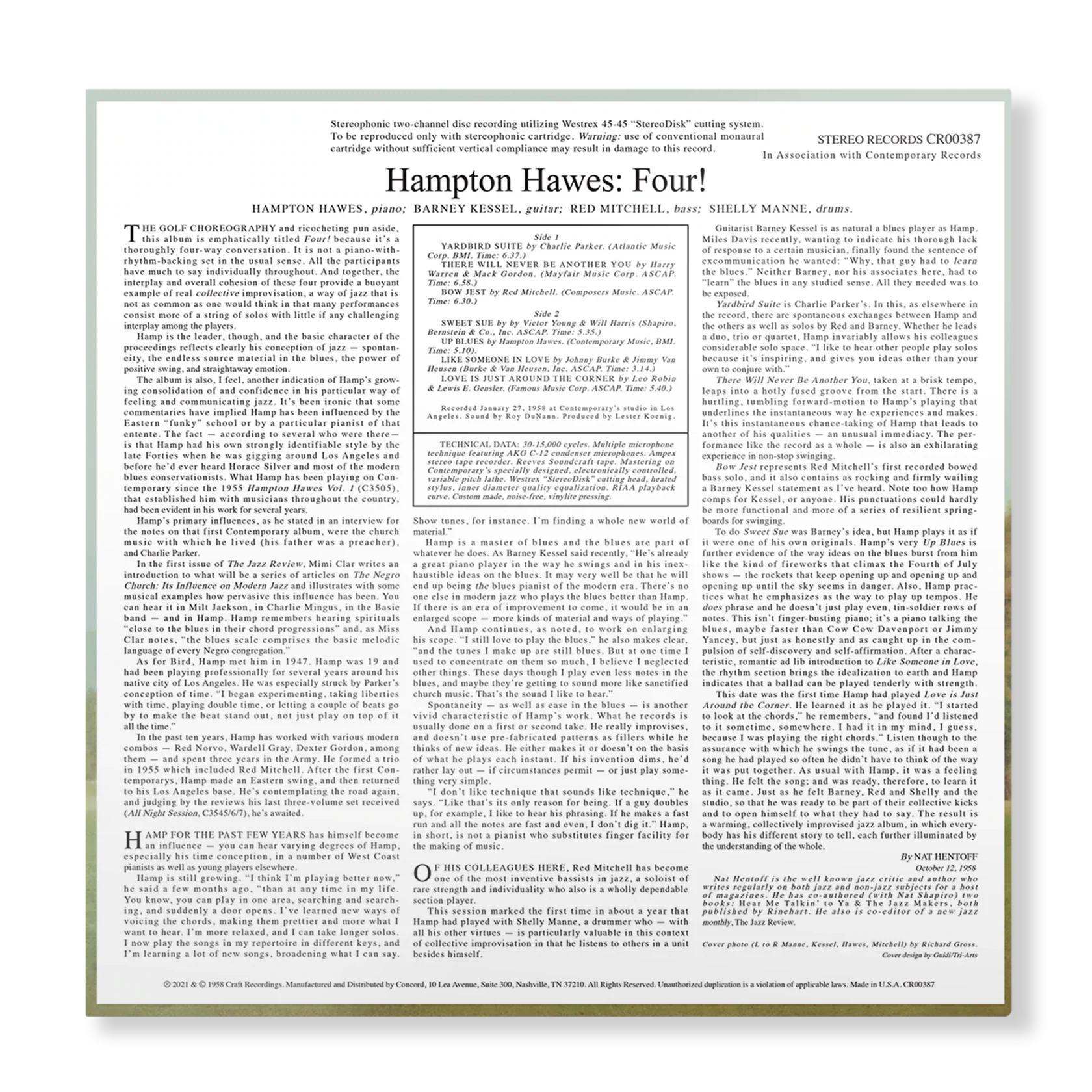Hampton Hawes - Four! With Barney Kessel, Shelly Manne & Red Mitchell - Contemporary LP
